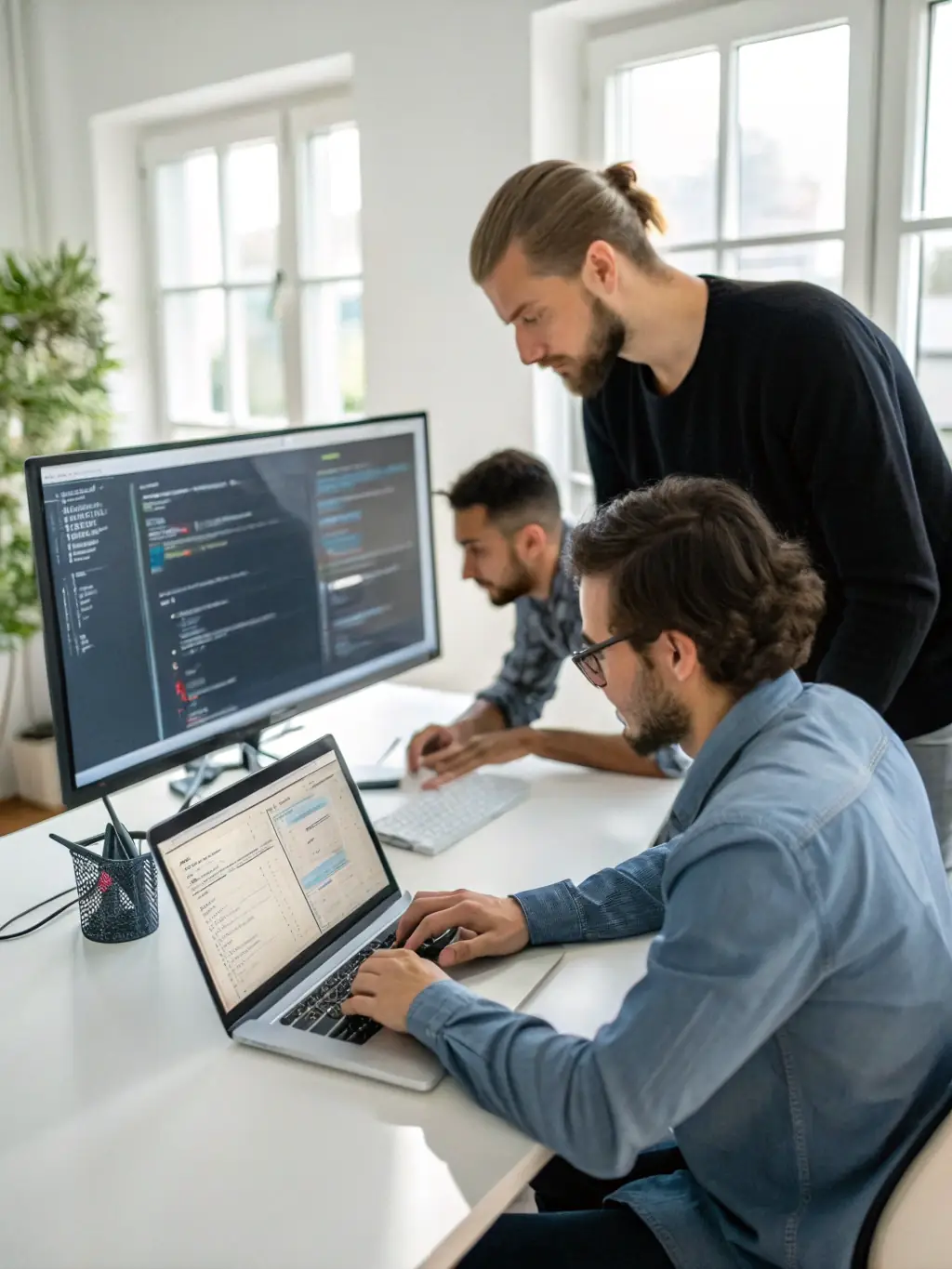 A team of web developers collaborating on a project, showcasing their expertise and dedication.